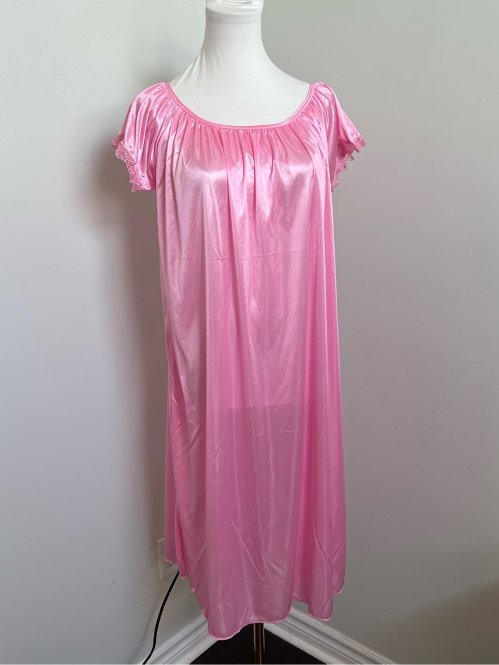 Vintage Pink Satin Nightgown Slip Dress Lace Trim Y2K Coquette L - Picture 3 of 6